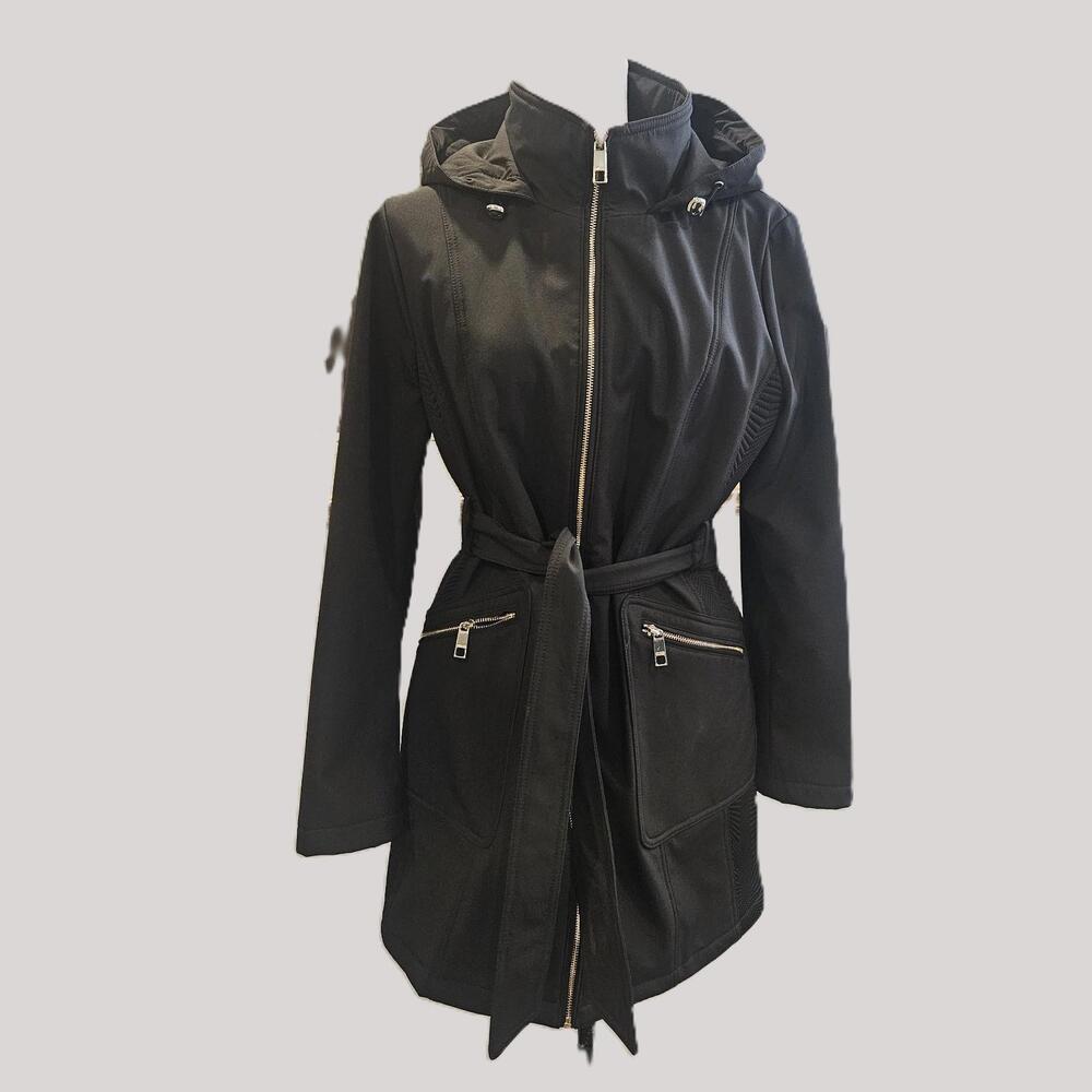 Guess Black Hooded Jacket Woman's XL (Fits Like L )Belted Coat  Soft Shell